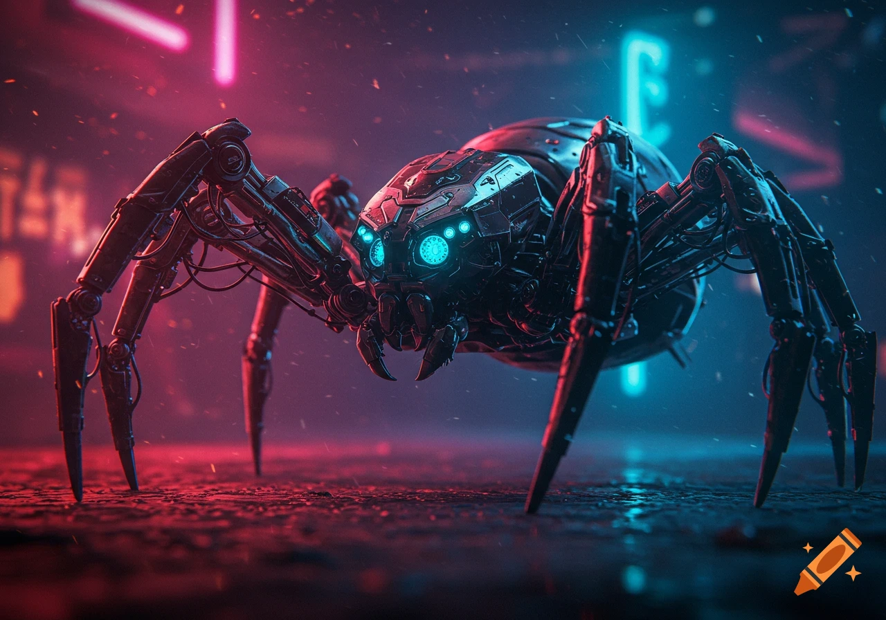 A detailed futuristic robot spider with glowing blue eyes stands on a wet ground with red and blue neon lights in the background.