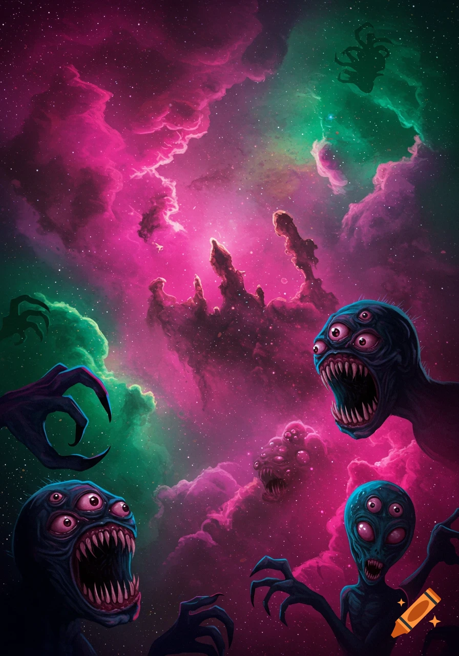 Multi-eyed blue aliens with sharp teeth and claws emerge from vibrant pink and green cosmic clouds with stars.