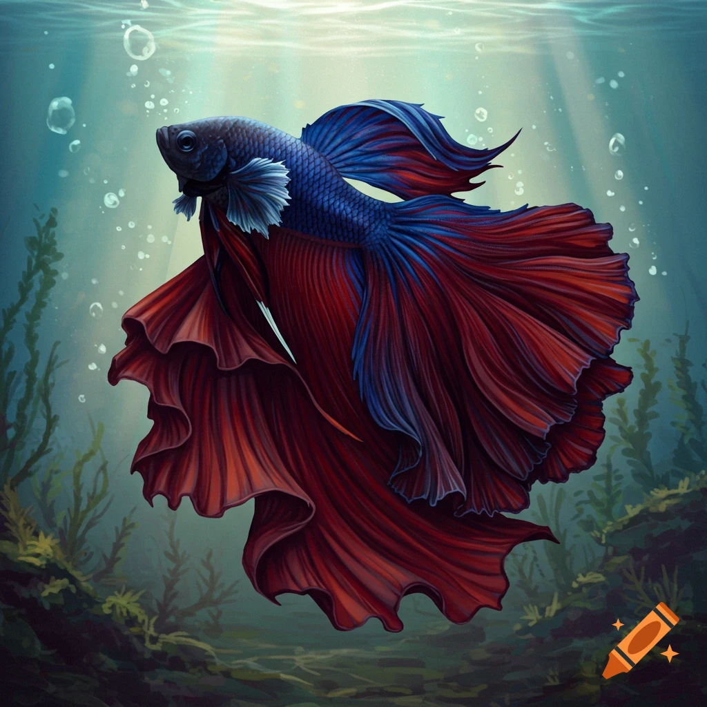 A dark blue and red betta fish with large, flowing fins resembling a dress, swimming underwater with light rays and bubbles.