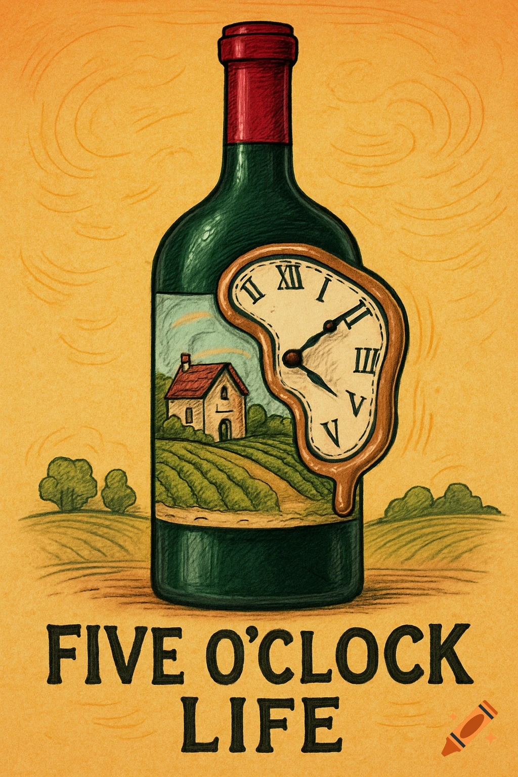 Whimsical cartoon illustration of a wine bottle with a melting clock and a vineyard scene on the label, with "FIVE O'CLOCK LIFE" text below.