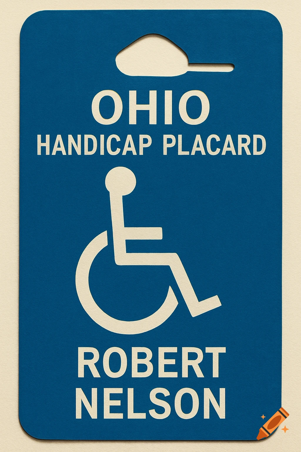 A blue handicap placard with a white wheelchair symbol and the text "OHIO HANDICAP PLACARD" and "ROBERT NELSON".