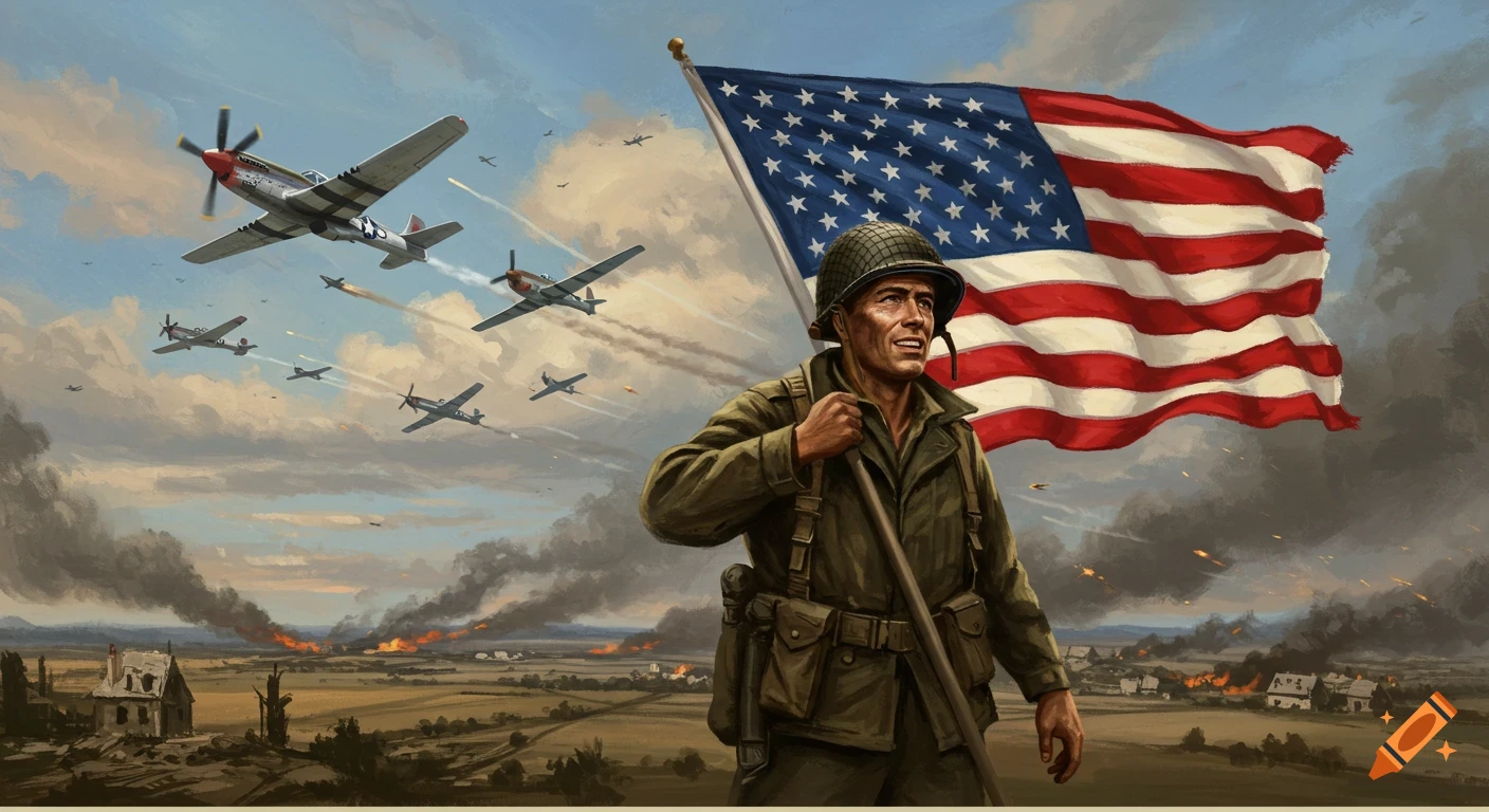 WW2 soldier holding American flag with fighter planes flying over battle in a painterly style.