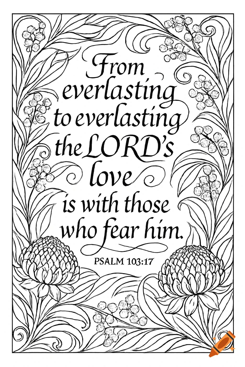 Black and white coloring page with a Bible verse in calligraphy, framed by Art Nouveau Australian flora designs.