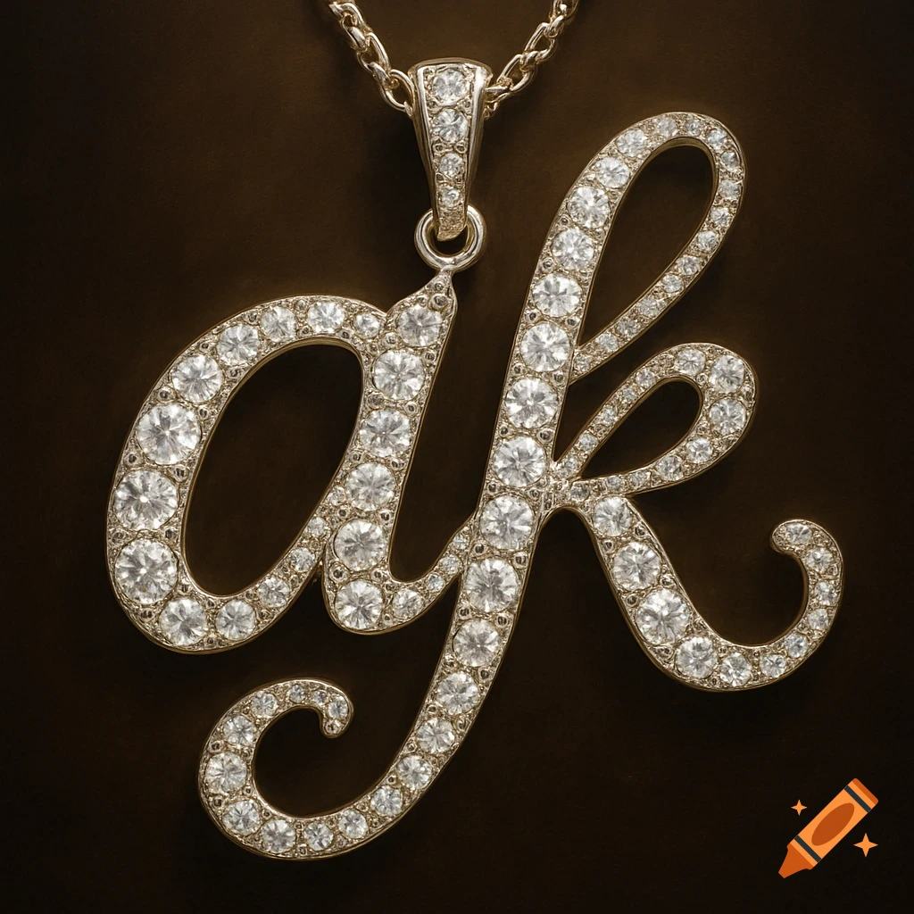 A gold pendant shaped like the letters 'ak' encrusted with sparkling diamonds, on a dark background.
