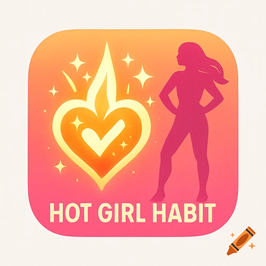 App icon with a peach to hot-pink gradient, a glowing heart with a checkmark, a woman's silhouette, and 'HOT GIRL HABIT' text.