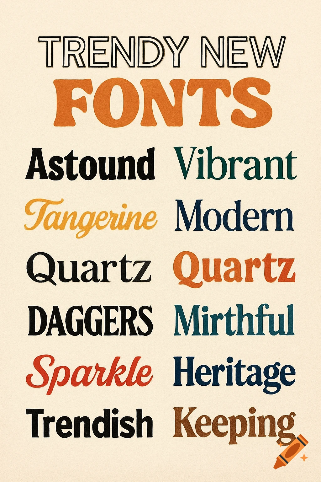 A minimalist poster showcasing various trendy fonts in different styles and colors, including "TRENDY NEW FONTS", "Astound", "Vibrant", "Tangerine", "Modern", "Quartz", "DAGGERS", "Mirthful", "Sparkle", "Heritage", "Trendish", and "Keeping" on a light background.