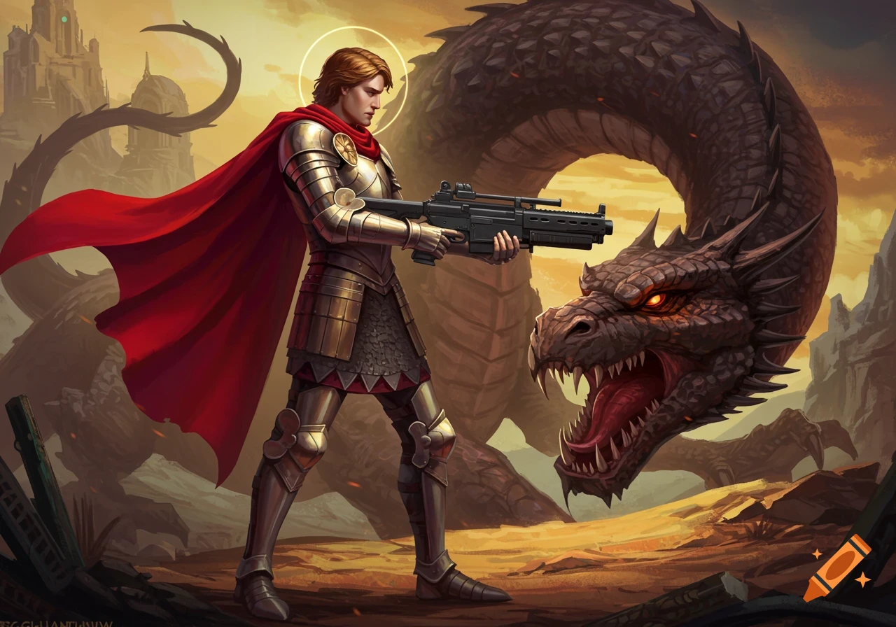 St. George, a knight in shining armor with a halo, wields a modern rifle against a roaring dragon in a rocky landscape.