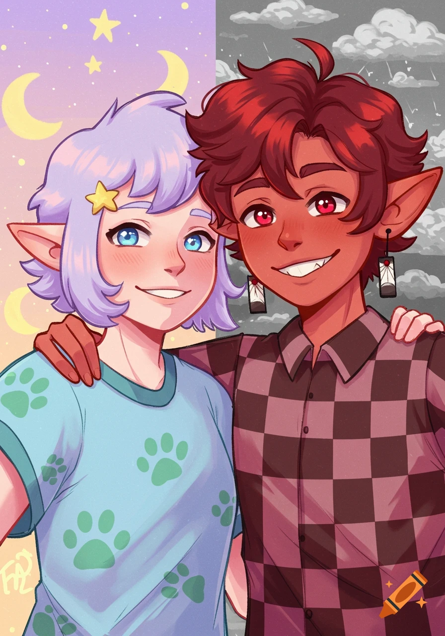 Two smiling cartoon characters, one with purple hair and a paw-print shirt, the other with red hair and a checkered shirt, against a split background of starry night and storm clouds.