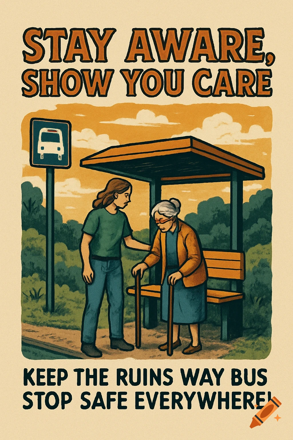 An illustration in a vintage style of a person helping an elderly woman with a cane at a bus stop, with text 'STAY AWARE, SHOW YOU CARE' and 'KEEP THE RUINS WAY BUS STOP SAFE EVERYWHERE!'