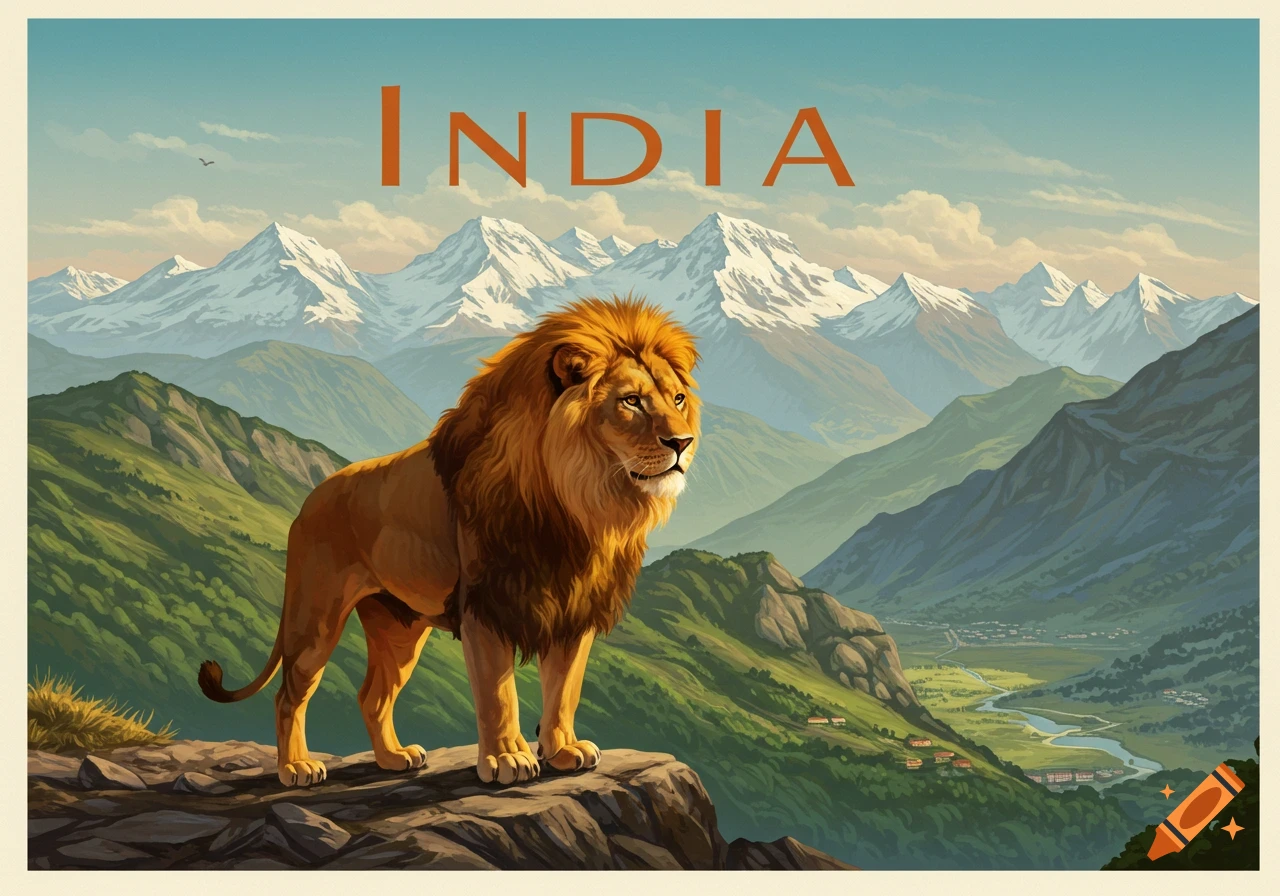 A vintage-style travel poster shows a majestic lion on a rocky cliff overlooking a valley and snow-capped mountains, with the word "INDIA" at the top.