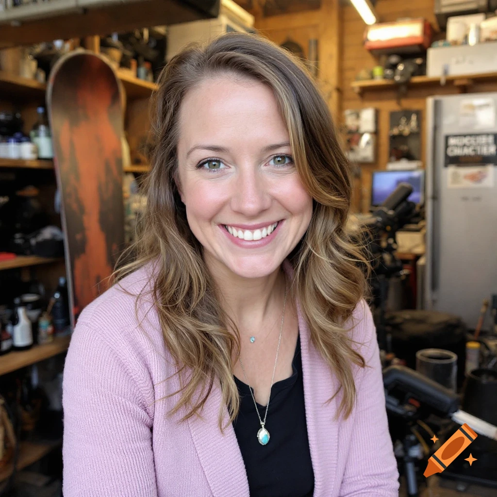 A smiling woman with long brown hair and a pink cardigan stands in a cluttered room with a snowboard in the background.