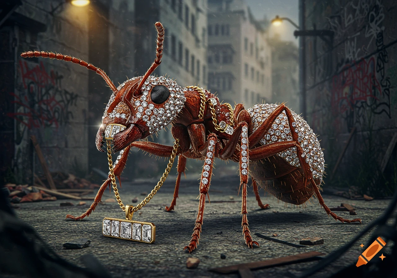 A photorealistic diamond-encrusted fire ant wearing gold chains and a grill stands in a gritty urban alley.
