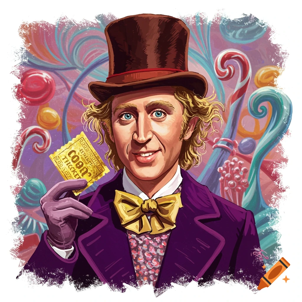 Stylized illustration of Willy Wonka with a purple coat and top hat holding a golden ticket in front of a colorful candy background.