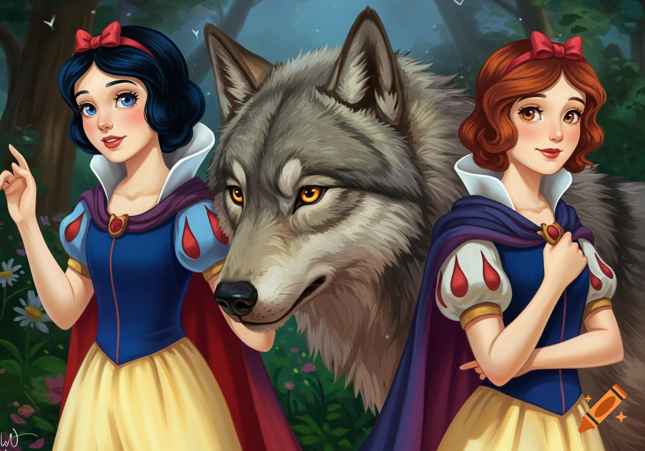 Two cartoon Snow White princesses stand in a forest with a large gray wolf behind them, illustrated in a vibrant storybook style.