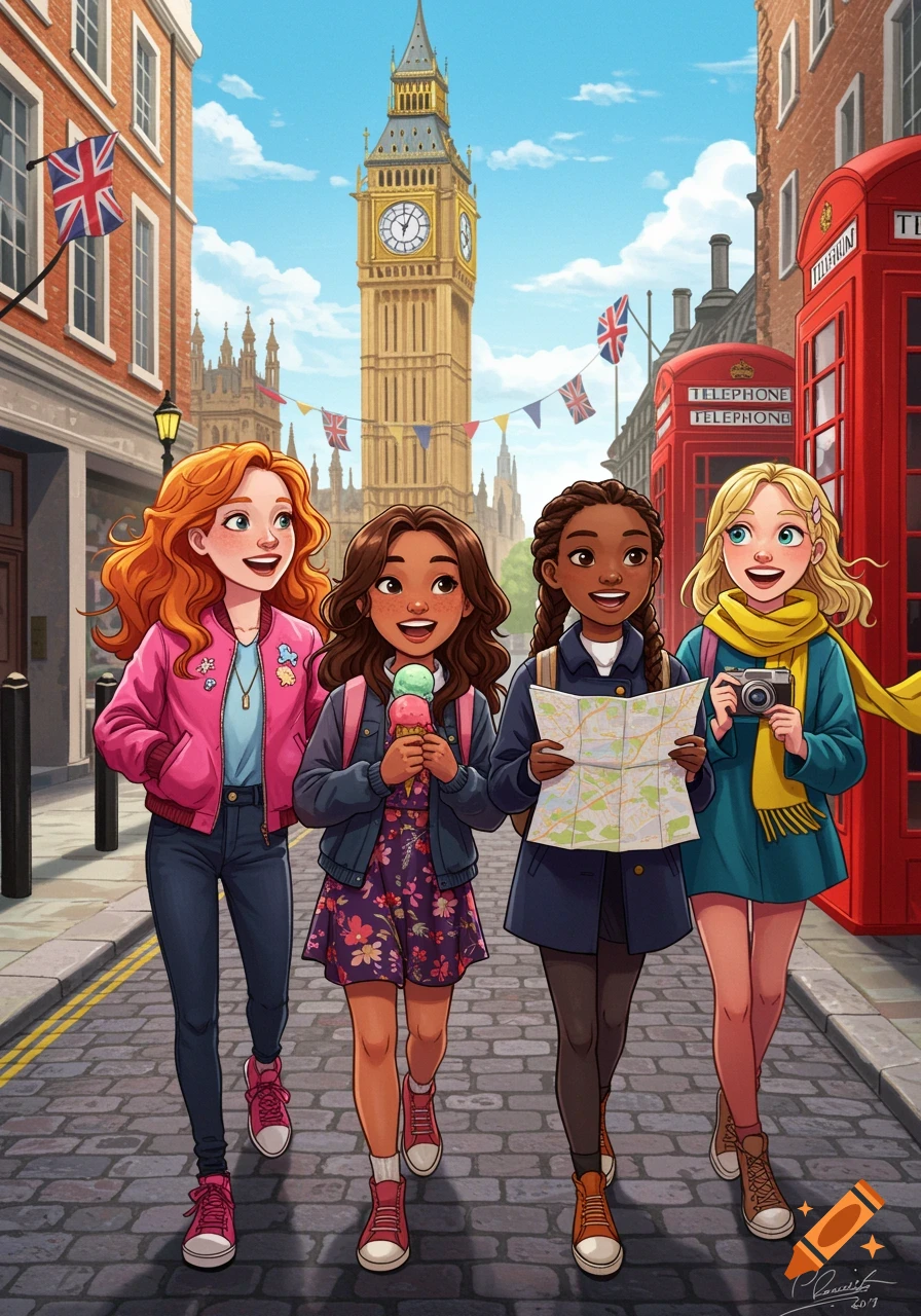 Four diverse cartoon girls explore a London street with Big Ben and red phone booths in the background.
