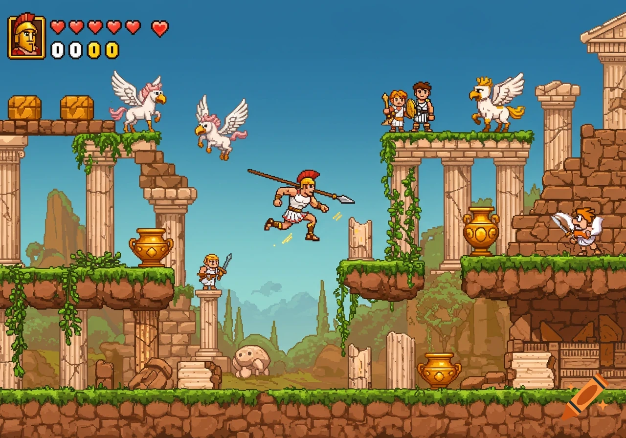 A retro pixel art platformer game screenshot featuring Greek mythological characters and ancient ruins.