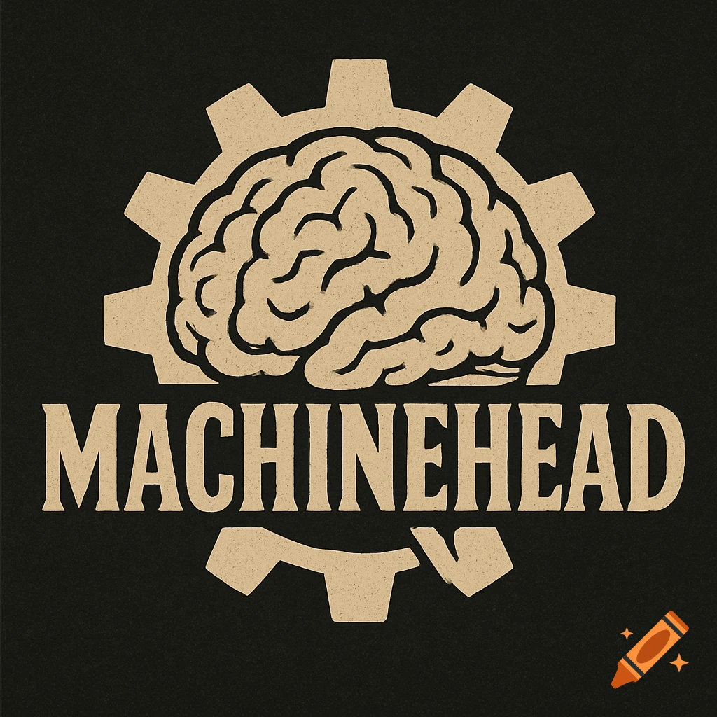 A graphic logo featuring a brain inside a gear with the word 'MACHINEHEAD' below, on a dark background.