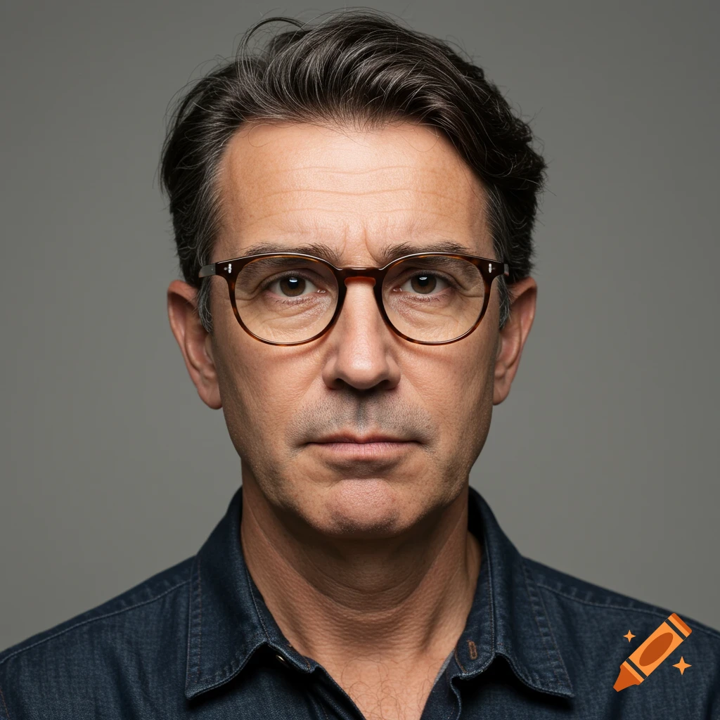 A photorealistic portrait of a middle-aged man with dark hair and glasses, looking directly at the viewer.