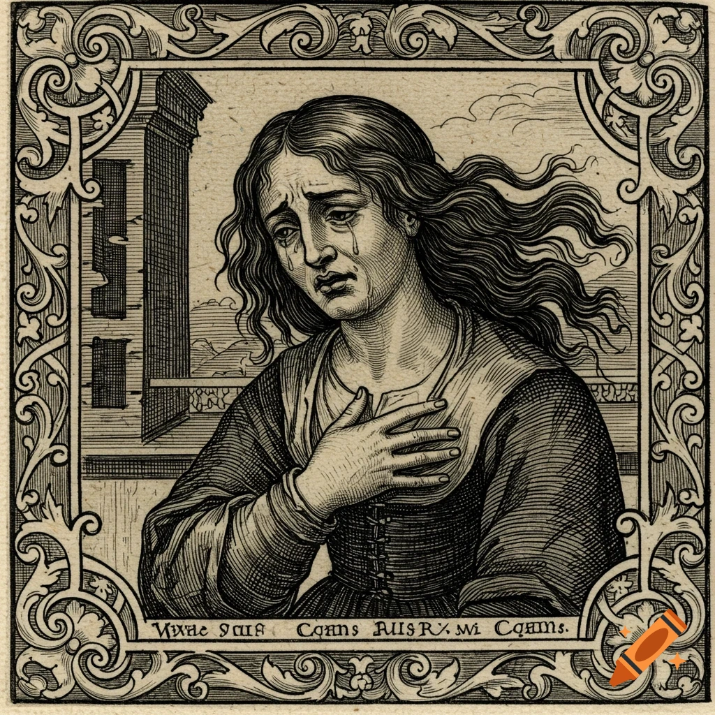 A black and white woodcut print in a decorative frame depicting a woman with long hair weeping, clutching her chest, with a building in the background.