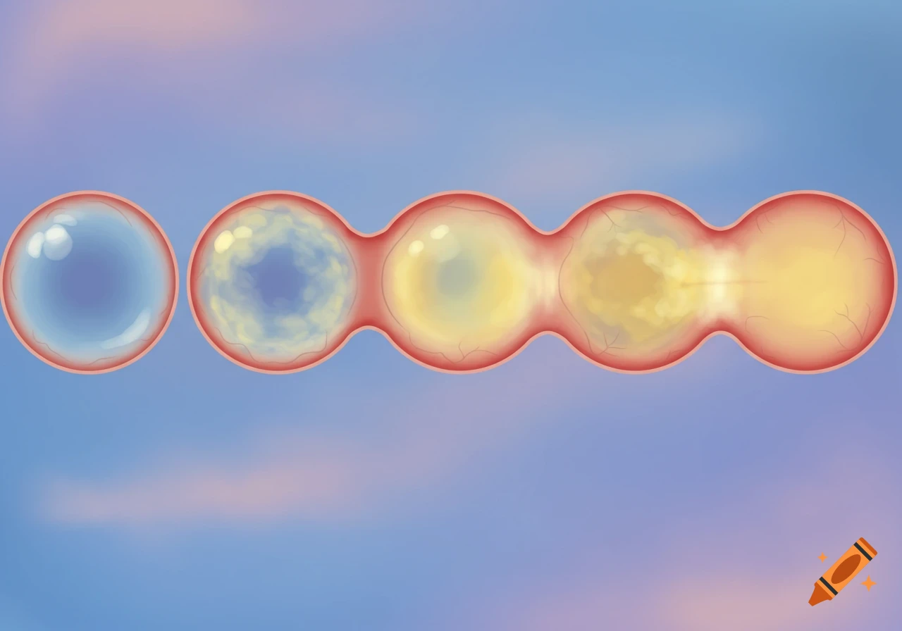 A scientific illustration depicting the aging process of a biological structure, from clear blue to opaque yellow.