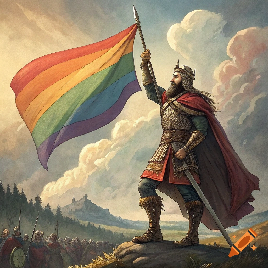 A bearded warrior in armor stands on a rock, raising a rainbow flag as an army gathers behind him in a painted landscape.