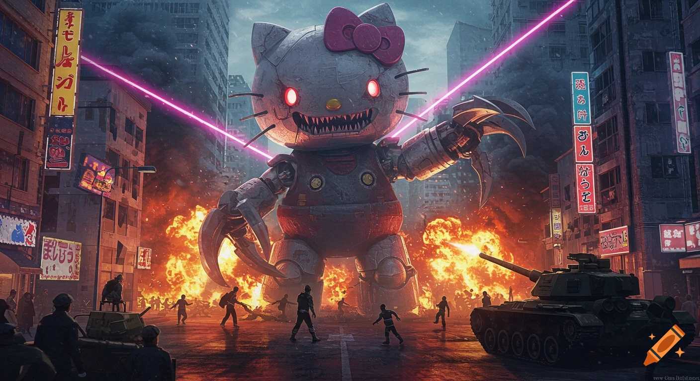 A giant, terrifying robotic Hello Kitty rampages through a burning dystopian Tokyo city, firing lasers as military tanks engage.