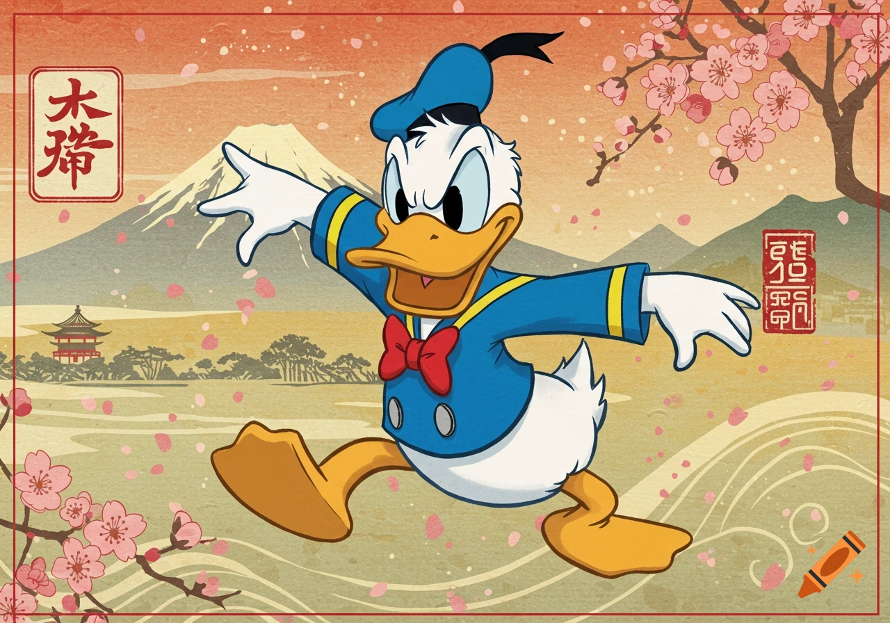 Donald Duck running in a traditional Japanese landscape with Mount Fuji, cherry blossoms, and a pagoda, in a cartoon art style.