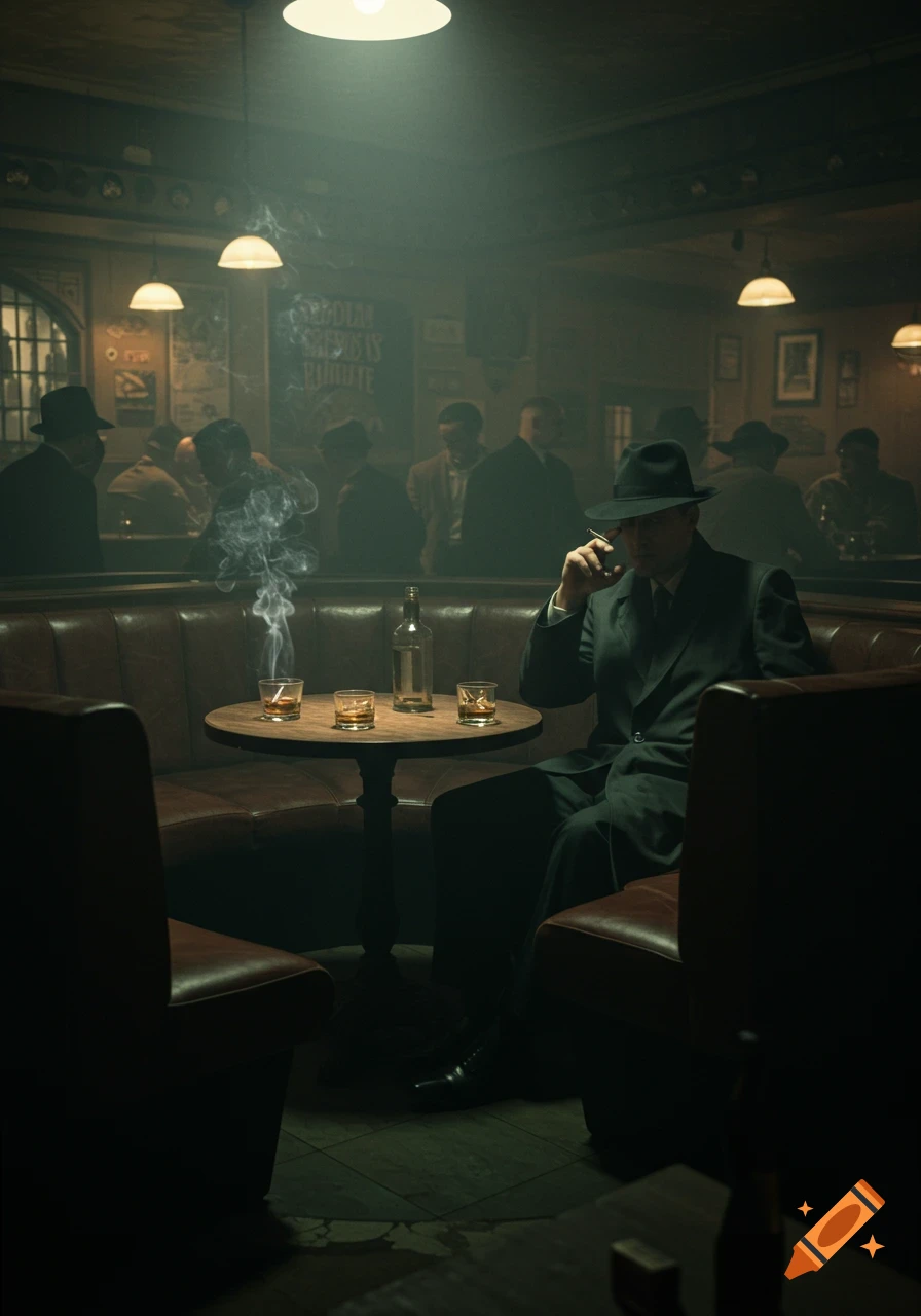 A man in a fedora sits at a table in a dimly lit bar, smoking a cigarette and drinking, in a hyper-realistic film noir style.