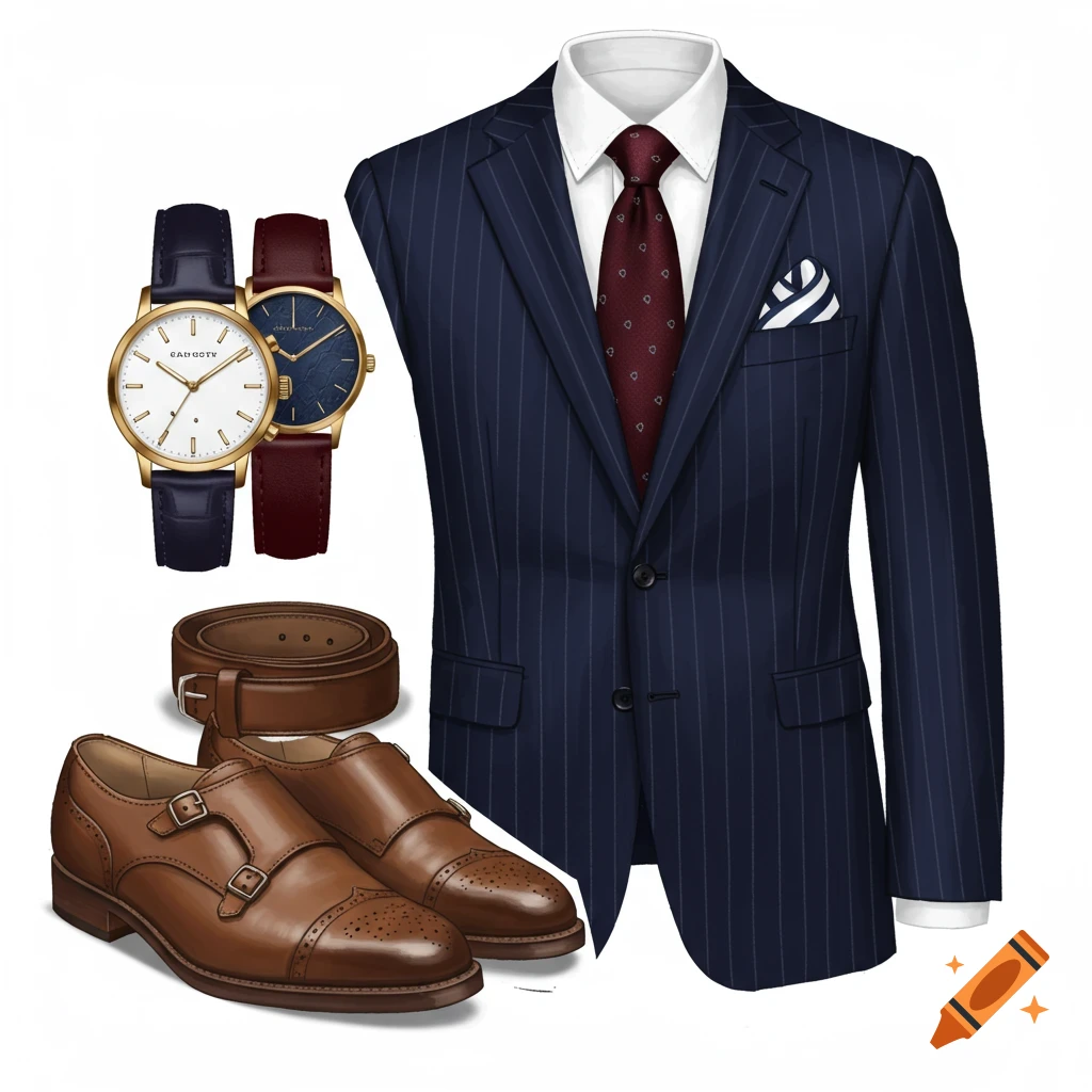 A flat lay illustration of a navy pinstripe suit, burgundy tie, white pocket square, brown monk strap shoes, brown belt, and two watches.