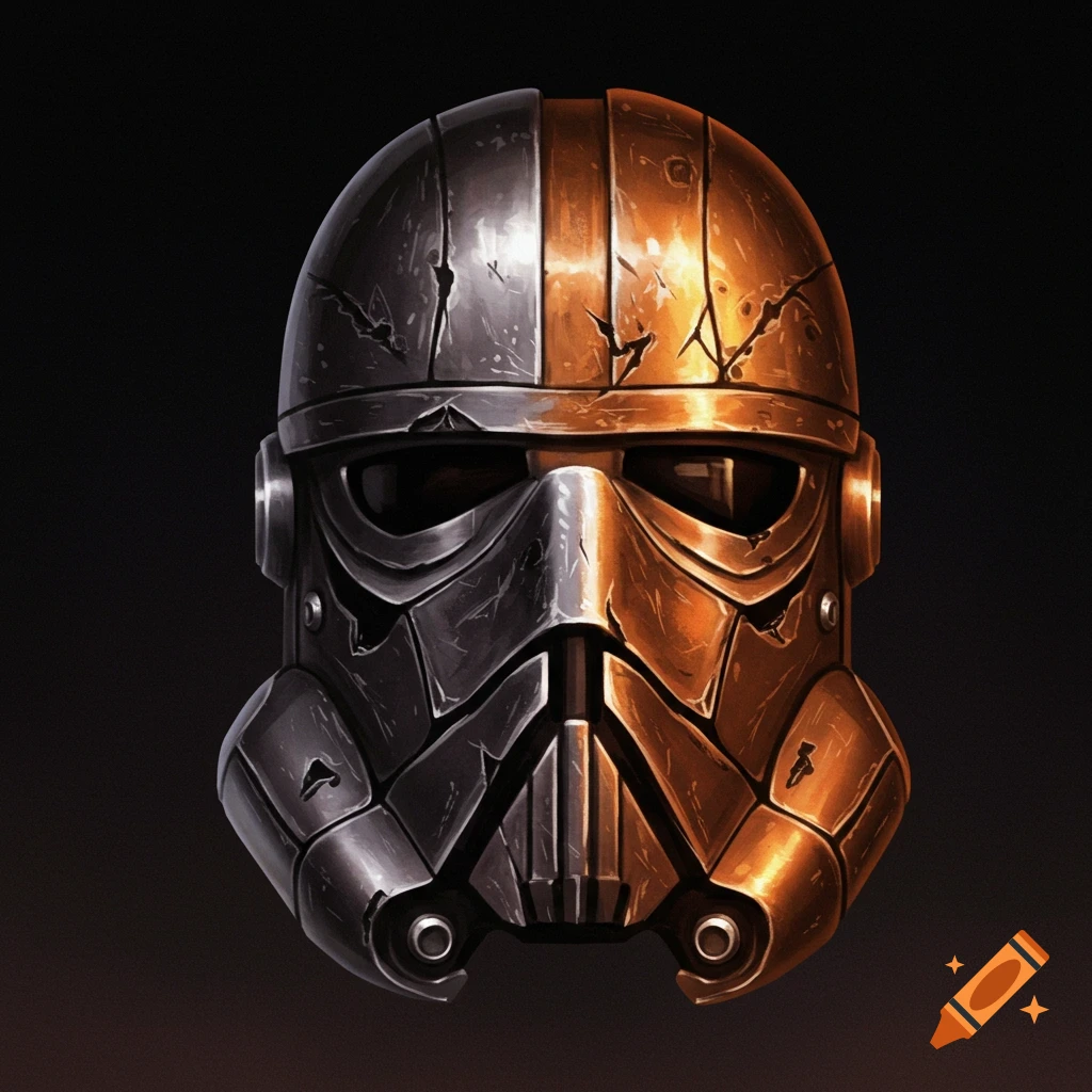 A sci-fi helmet split down the middle, with one side silver-gray and the other bronze-orange, both looking worn and cracked.
