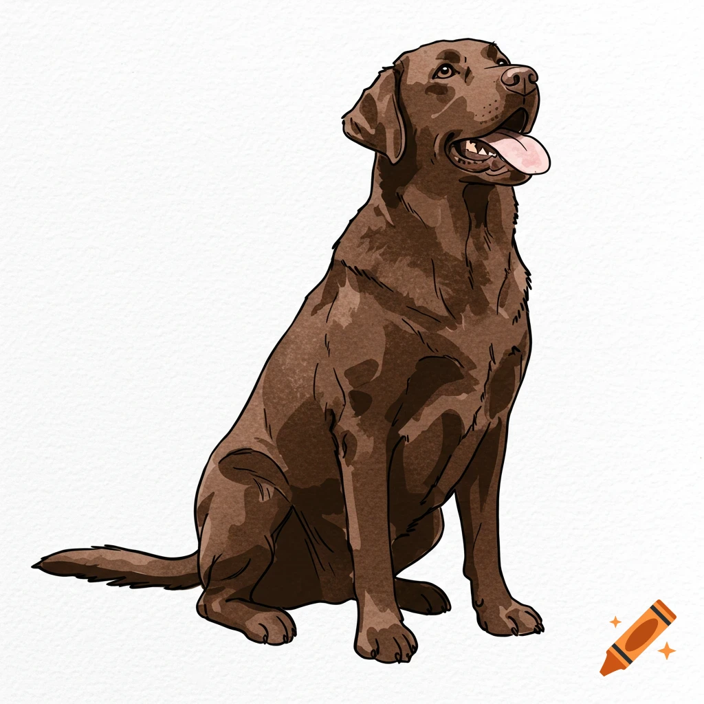 A chocolate brown Labrador retriever is sitting and looking up with its tongue out, depicted in a watercolor style with black outlines on a white background.