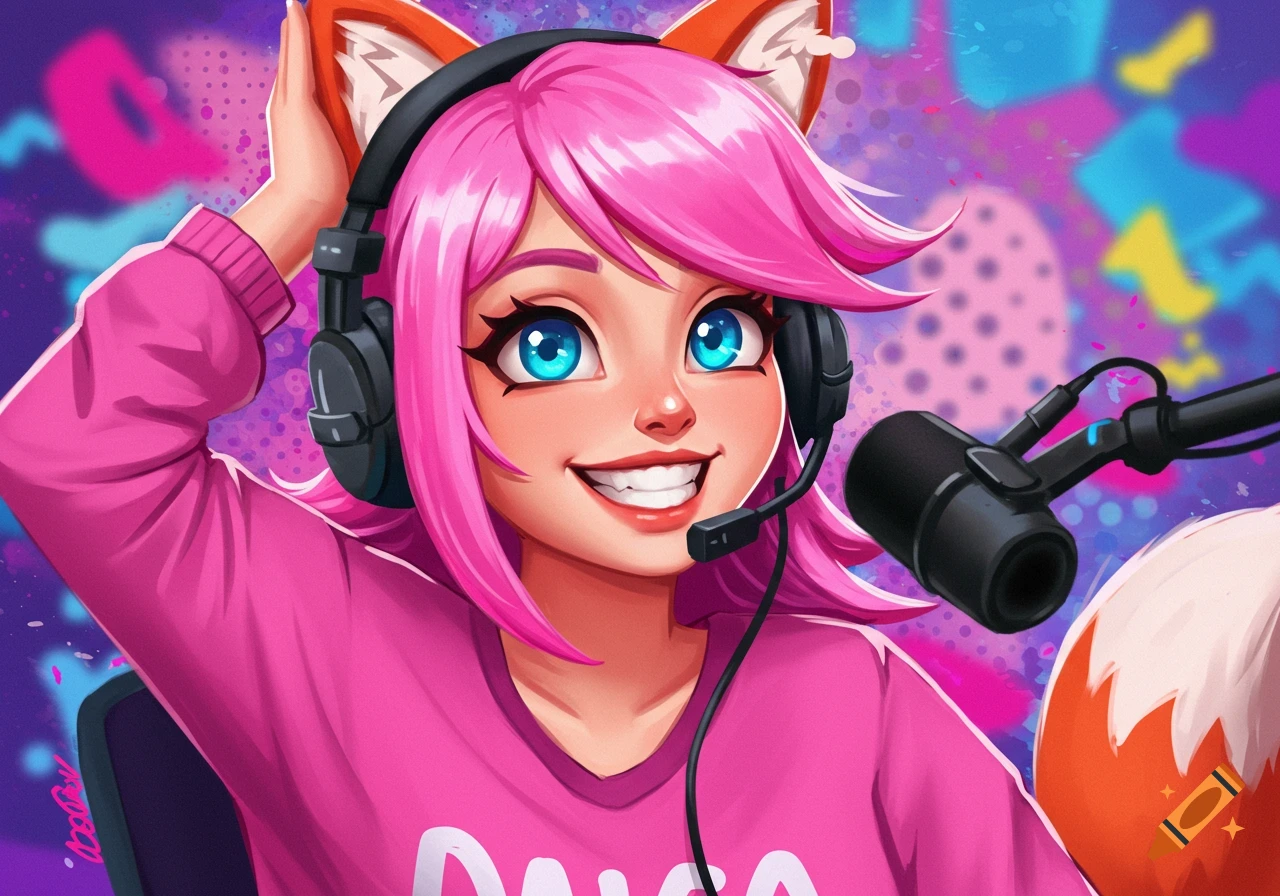 Anime girl with pink hair, fox ears, headphones, and a microphone, smiling against a vibrant background.