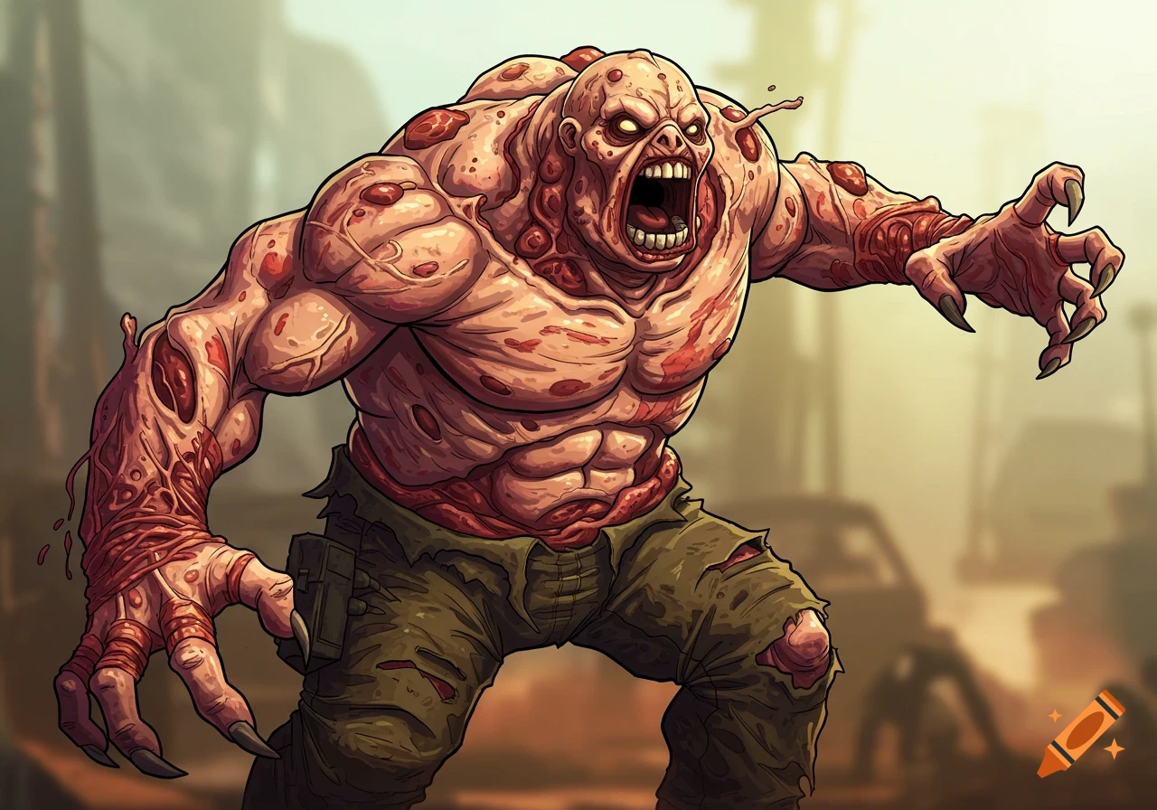 An animated, grotesque, muscular zombie-like monster with exposed flesh and sharp claws.
