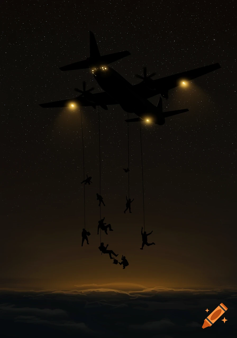Silhouetted plane at night dropping dark figures on ropes against a starry sky and glowing horizon.