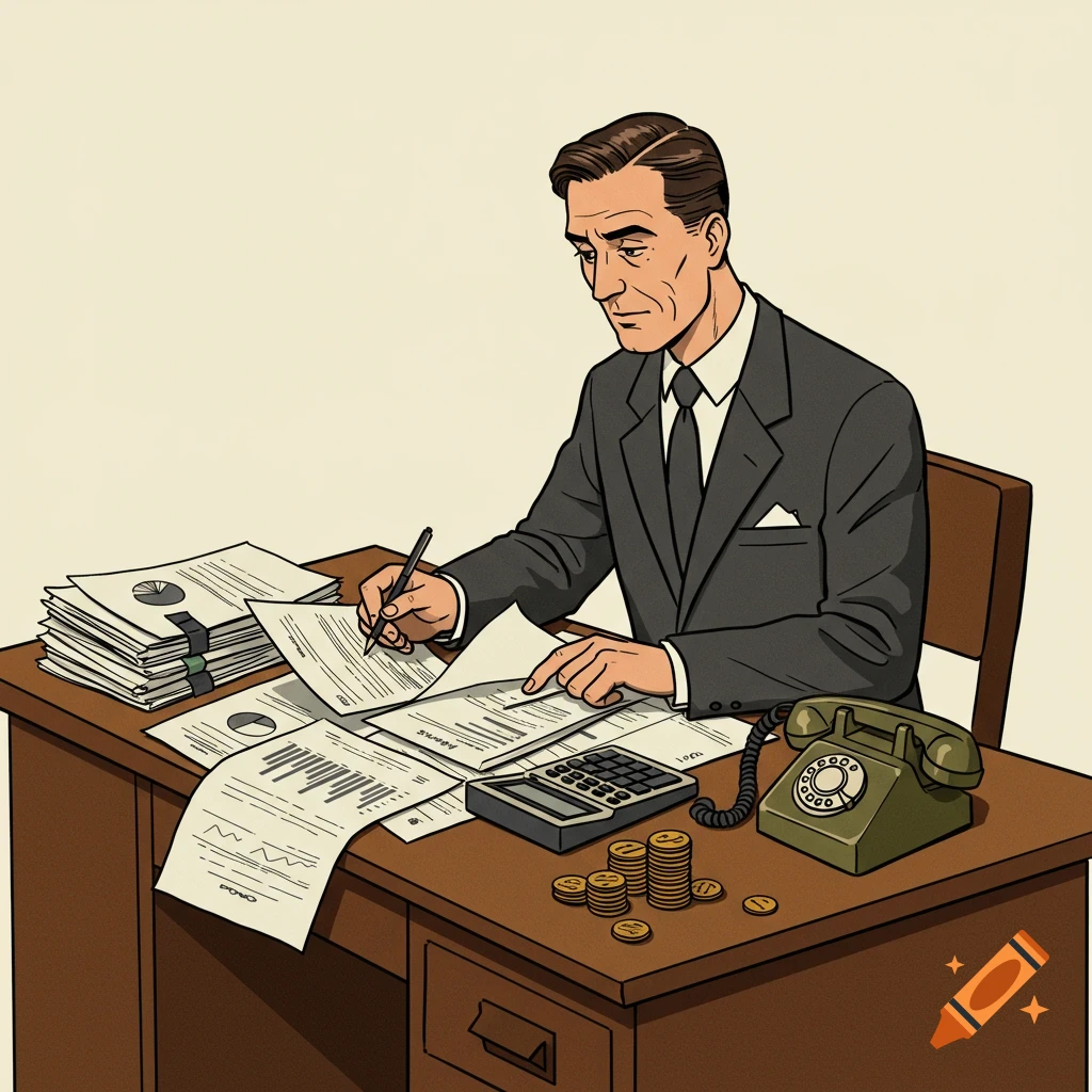 A man in a retro illustration style is seated at a desk, reviewing and writing on multiple financial documents. A calculator, a stack of coins, and a vintage telephone are also on the desk.