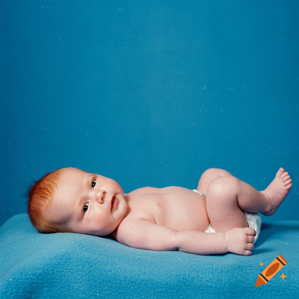 A ginger newborn baby wearing a diaper lies on a blue blanket against a blue background, in a vintage style photo.