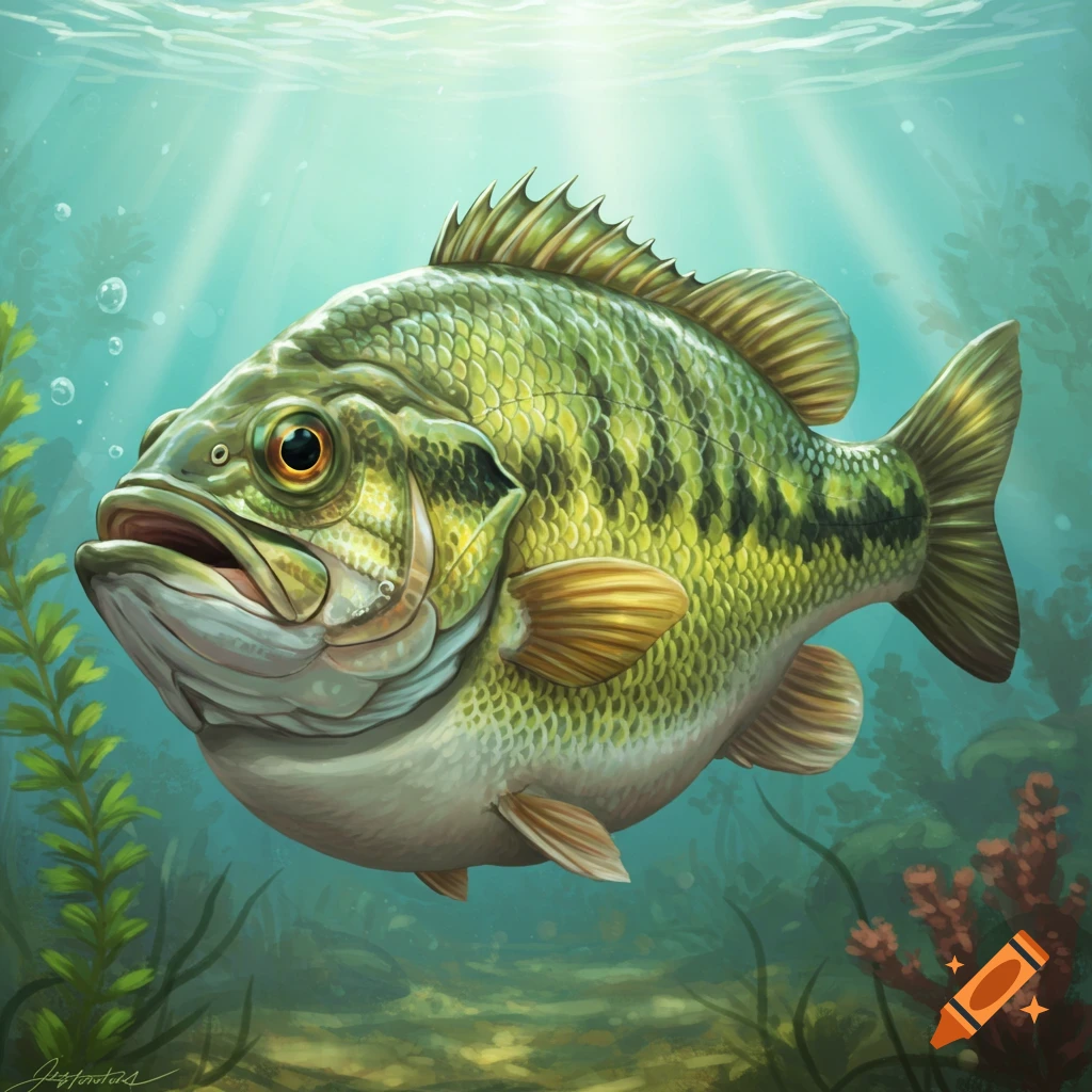 A detailed illustration of a green bass fish swimming underwater amidst aquatic plants and light rays.