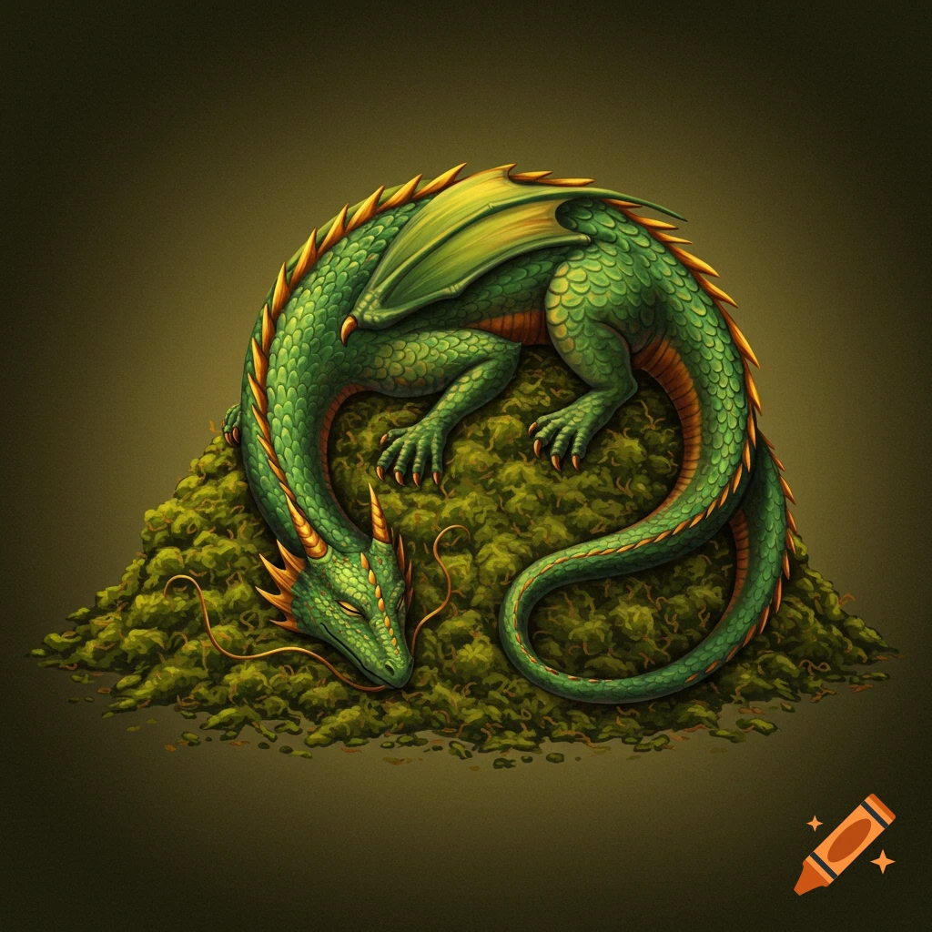 A green dragon with gold accents curled up and sleeping on a pile of green moss or foliage.