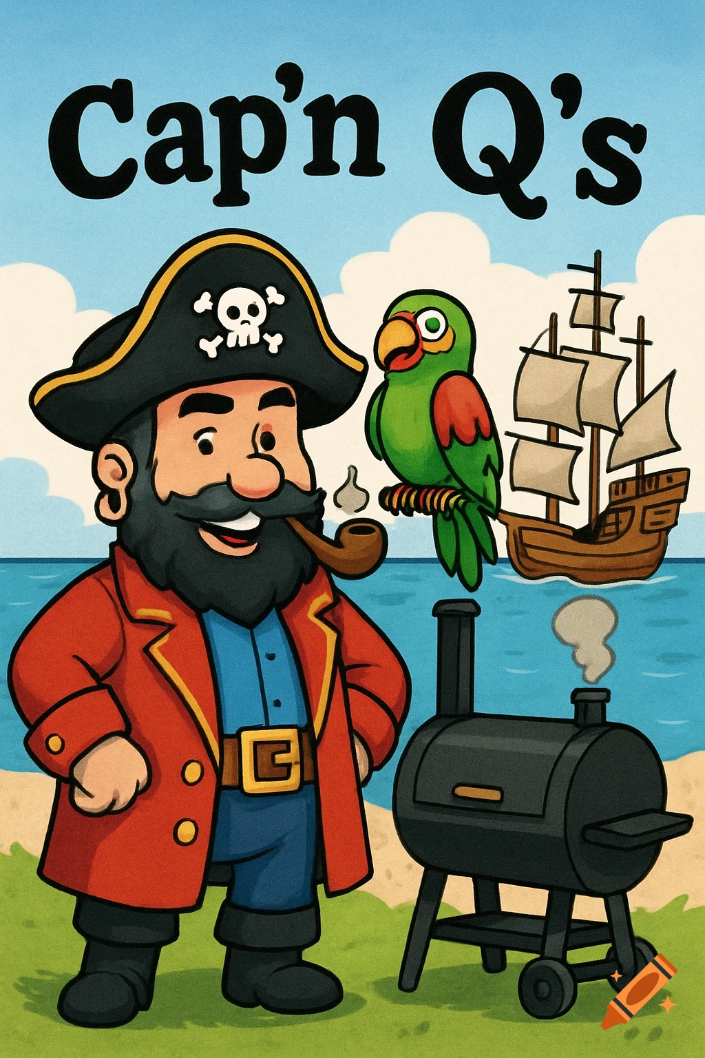 A cartoon pirate with a beard, pipe, and parrot stands next to a smoker with a ship in the background. Text reads "Cap'n Q's".