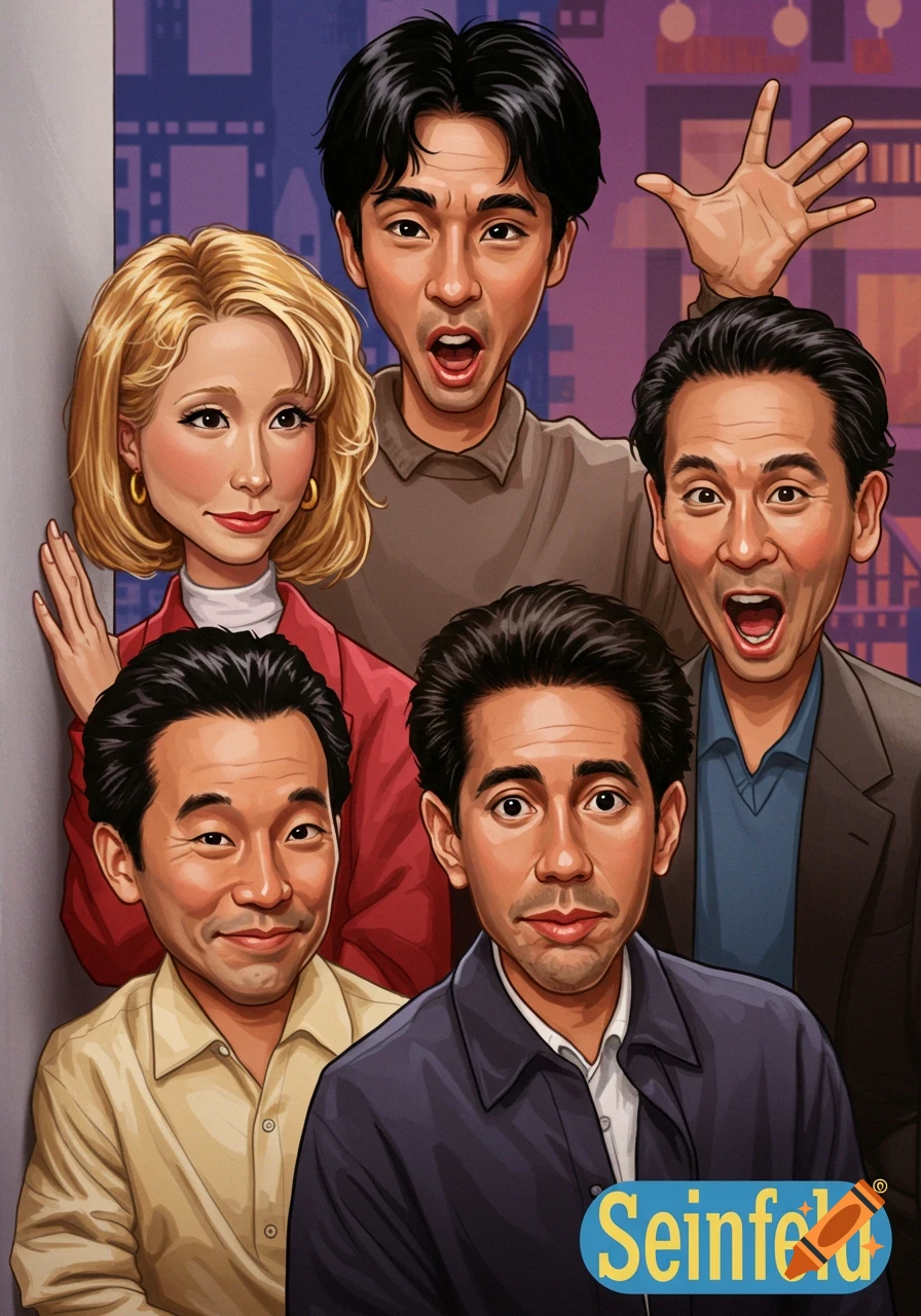 A colorful cartoon caricature of five people, four men and one woman, with the Seinfeld logo at the bottom.