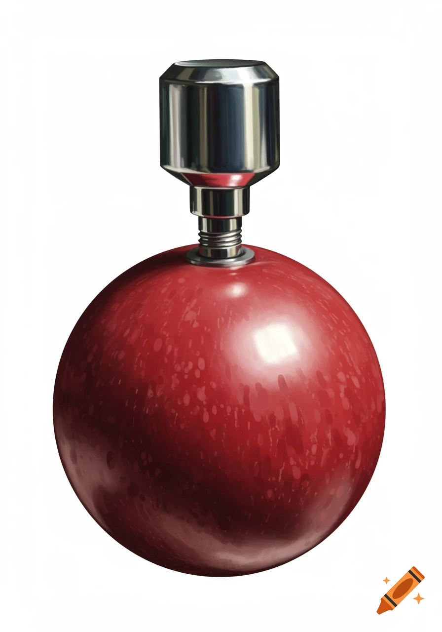 A red, round, apple-like object with a shiny silver metallic cap screwed into its top, against a white background.