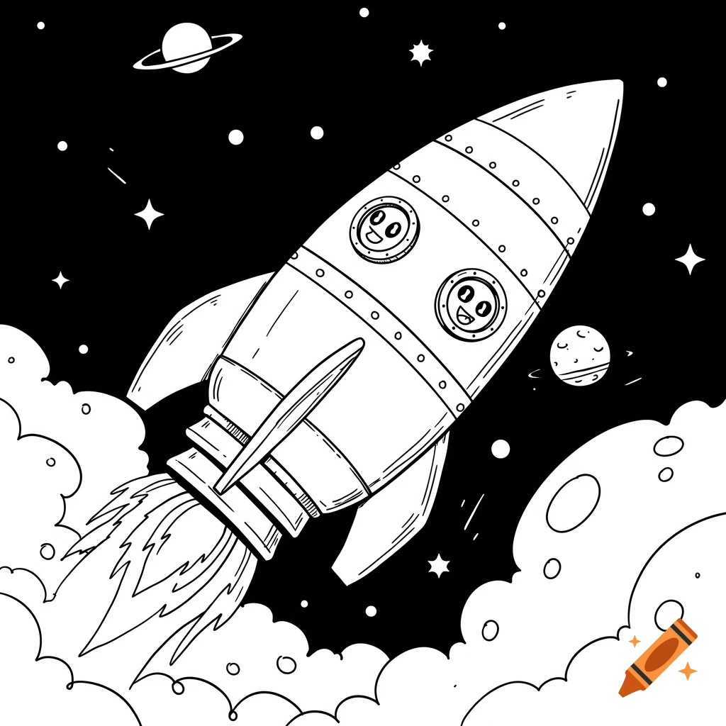 Black and white line art drawing of a cartoon rocket blasting off into space.