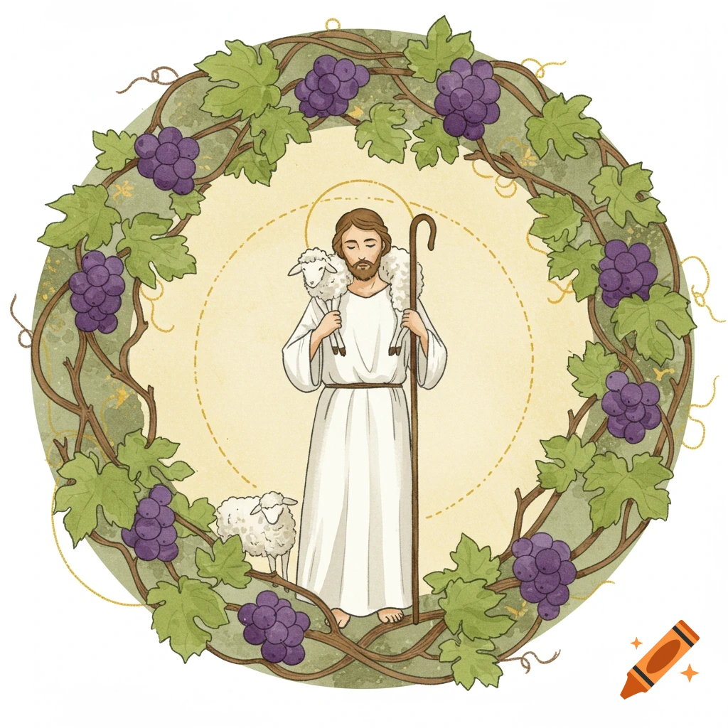 Illustration of the Good Shepherd, a man in a white robe carrying a lamb, surrounded by a circular grapevine with grapes and leaves, with a subtle golden thread woven throughout, in a watercolor style.