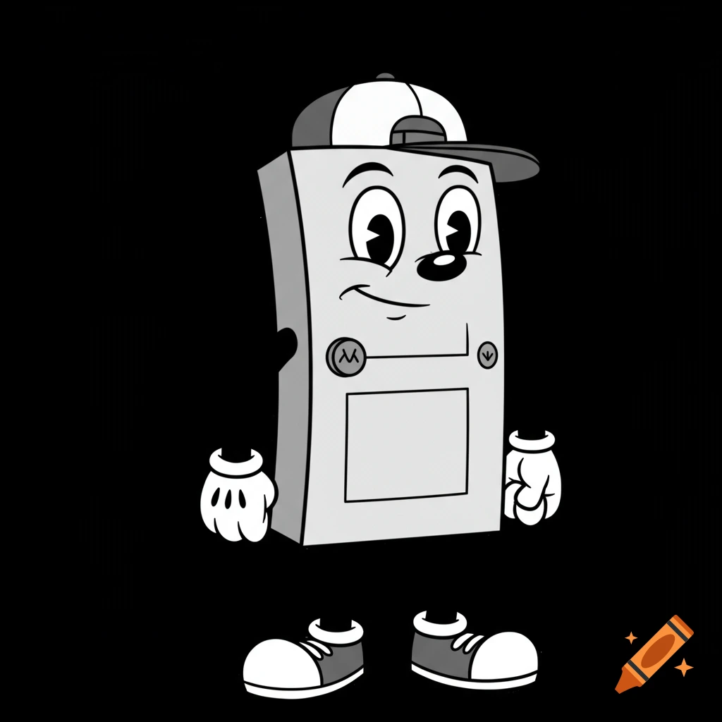 A black and white retro cartoon character of an anthropomorphic door wearing a backwards baseball cap, gloves, and shoes.