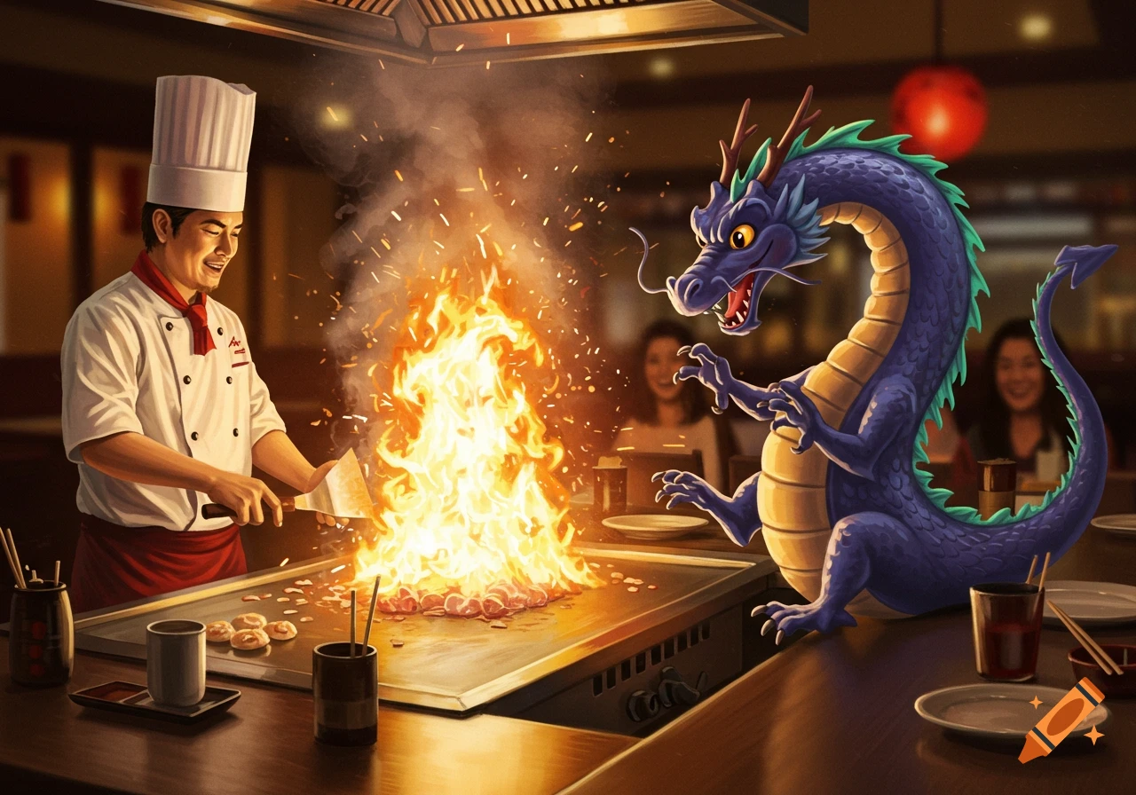 A cartoon-style image of a chef cooking on a hibachi grill with a large flame, while a purple dragon watches from the counter.