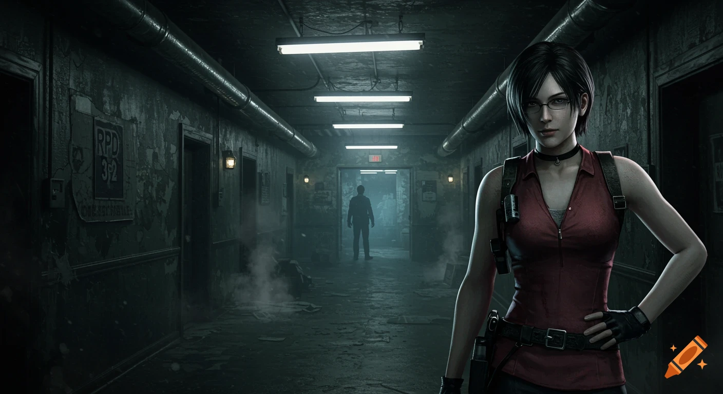 Ada Wong in a dark, atmospheric hallway of the Raccoon Police Department, a silhouetted figure in the distance.