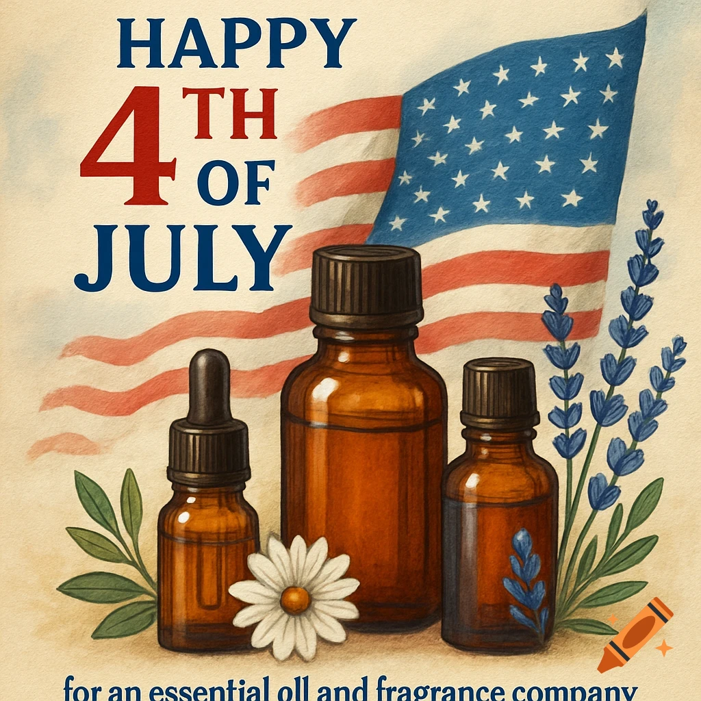 An illustrated patriotic image for a fragrance company featuring essential oil bottles, flowers, and an American flag with 'HAPPY 4TH OF JULY' text.