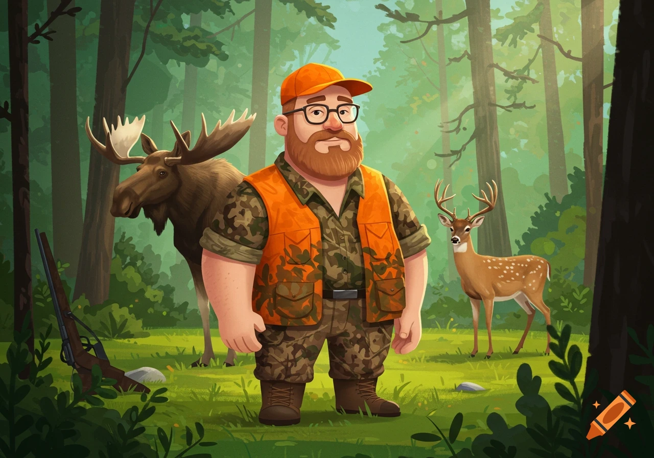A cartoon hunter in camouflage with an orange vest stands in a forest with a moose, deer, and rifle.