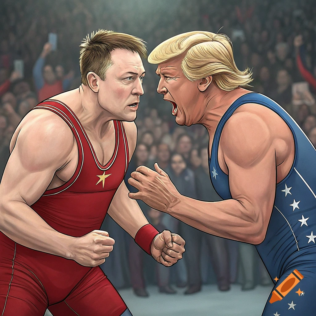 Stylized illustration of Donald Trump and Elon Musk in wrestling singlets facing off in a ring before a crowd.