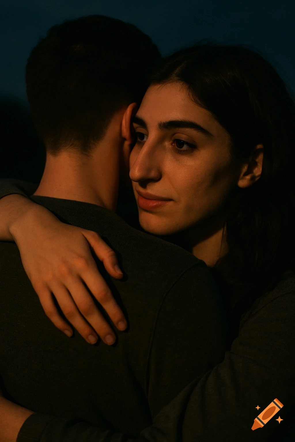 A woman with dark hair embraces a man from behind in a dark, moody, photorealistic close-up.